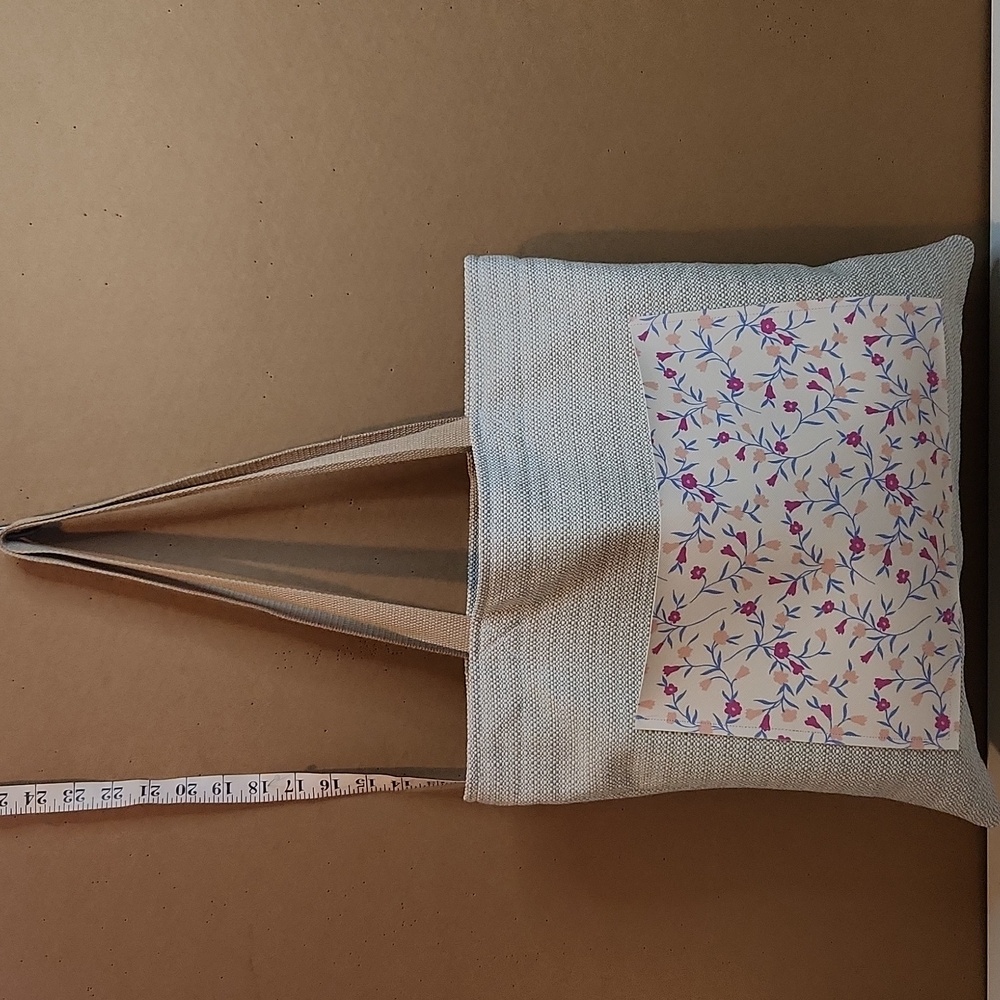 Faux Leather Floral Pocket Canvas Tote Bag - Cream and Pink. Handmade.